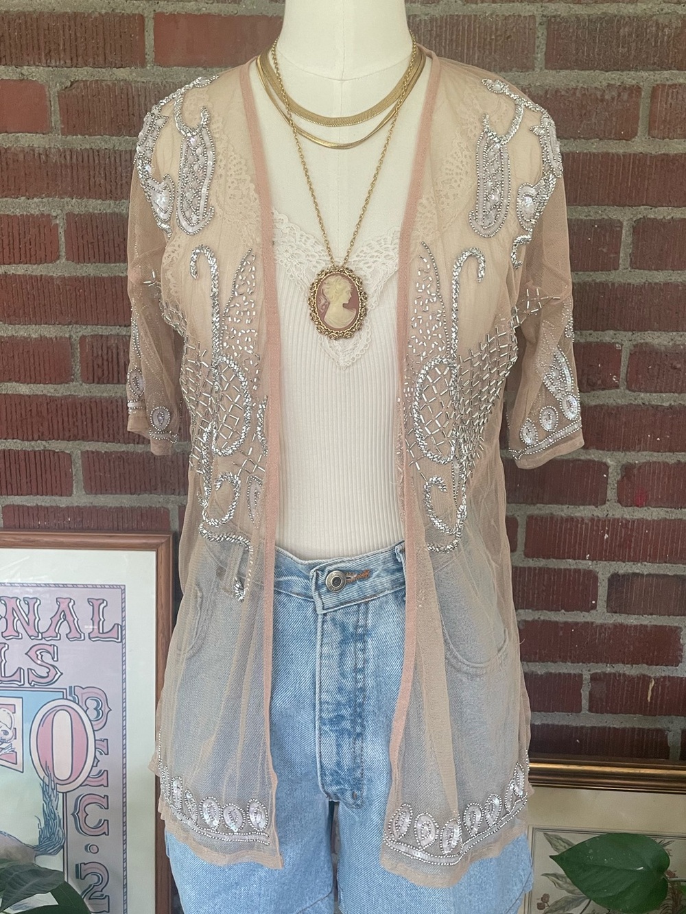 Embellished Mesh Kimono in Blush